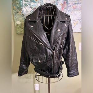 Vintage, black, patchwork genuine leather motorcycle jacket